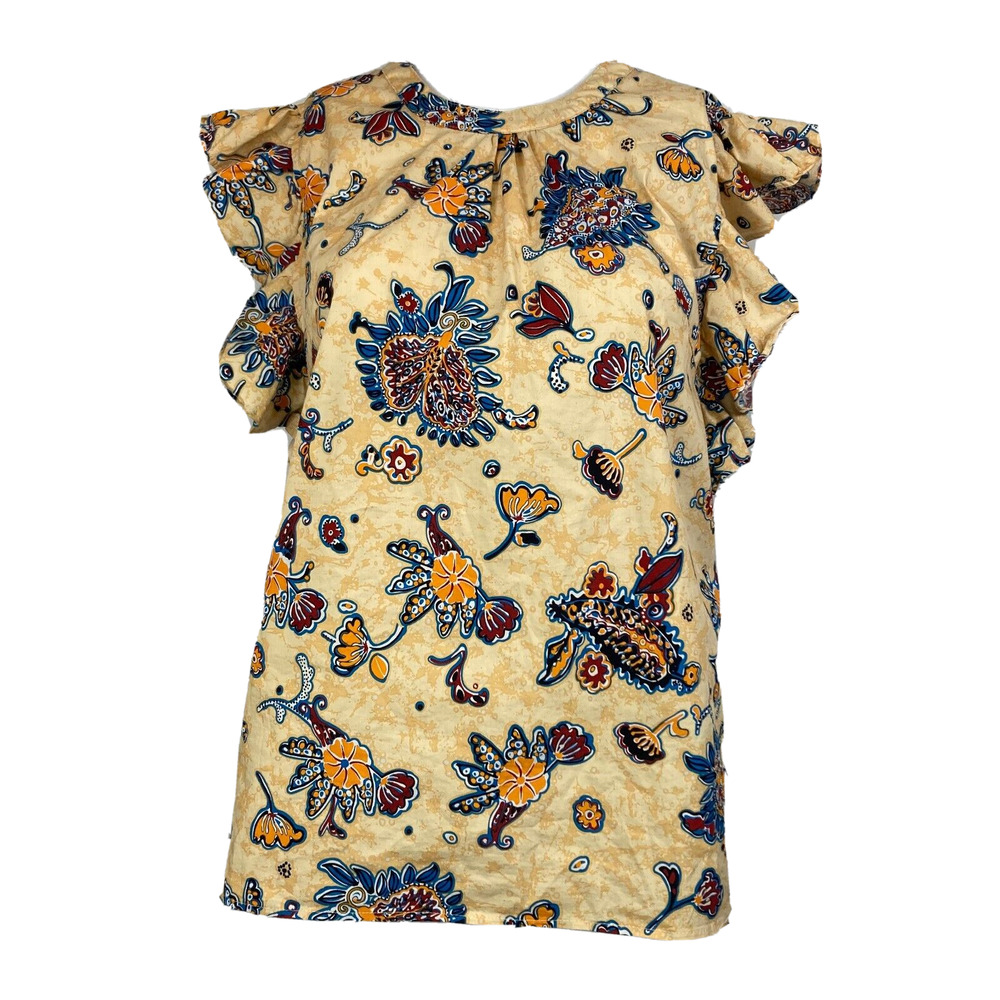 Elie Tahari Blouse Womens Sz M Beige Blue Floral Cotton Stretch Ruffle Sleeve